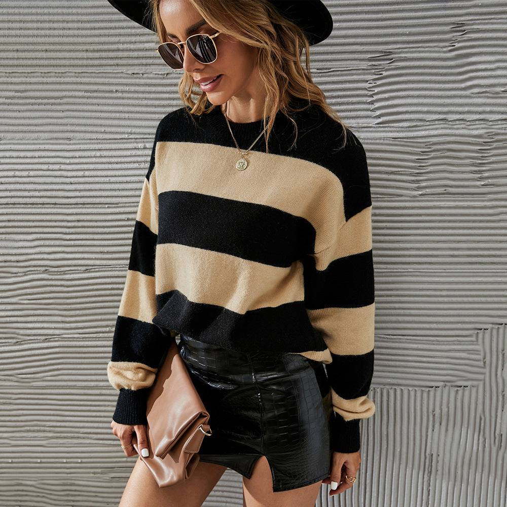 Striped Winter Knitwear Sweater for Women - Plus Size Slimming Pullover    