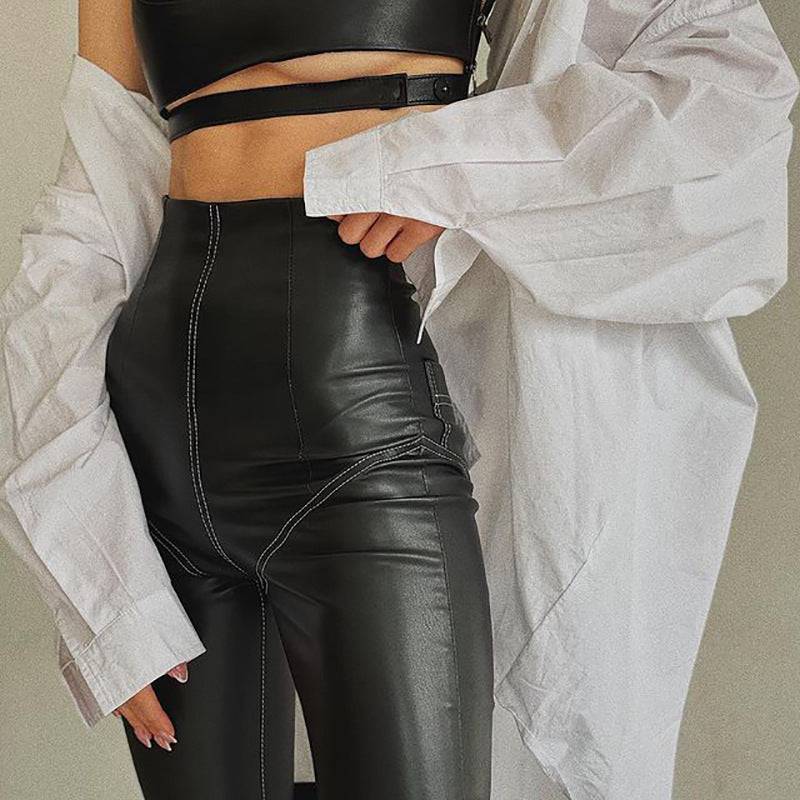 Stretch Faux Leather High-Waisted Leggings with Hip-Lifting Stitch Detail    