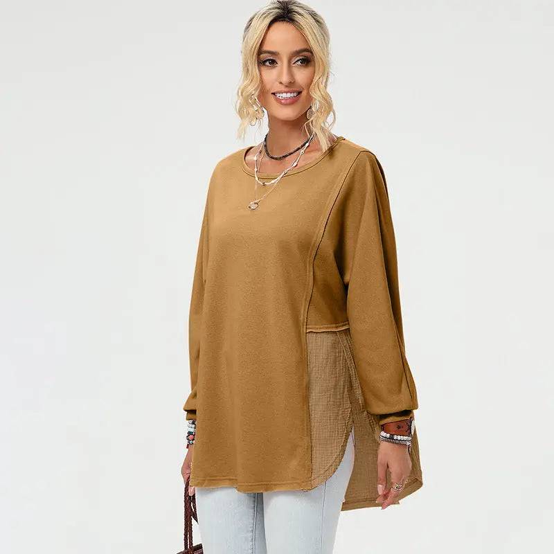 Frayed Asymmetric Long-Sleeved Top for Women in Solid Color    