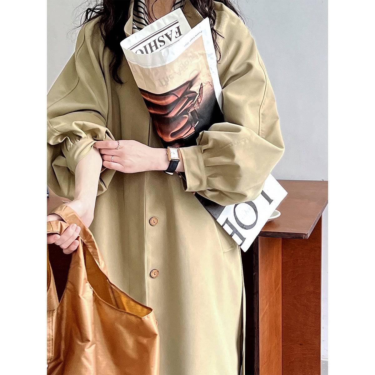 Korean Style Loose Fit Spring/Fall Trench Coat with Puff Sleeves and Waist Control    