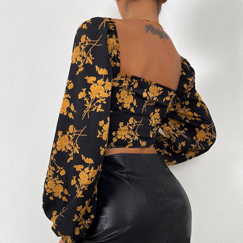 Floral V-Neck Long Sleeve Crop Top with Print    