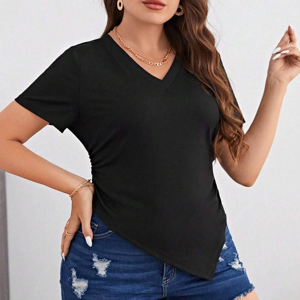 Flattering V-Neck Asymmetric Short Sleeve Knit Top for Plus Size Women    