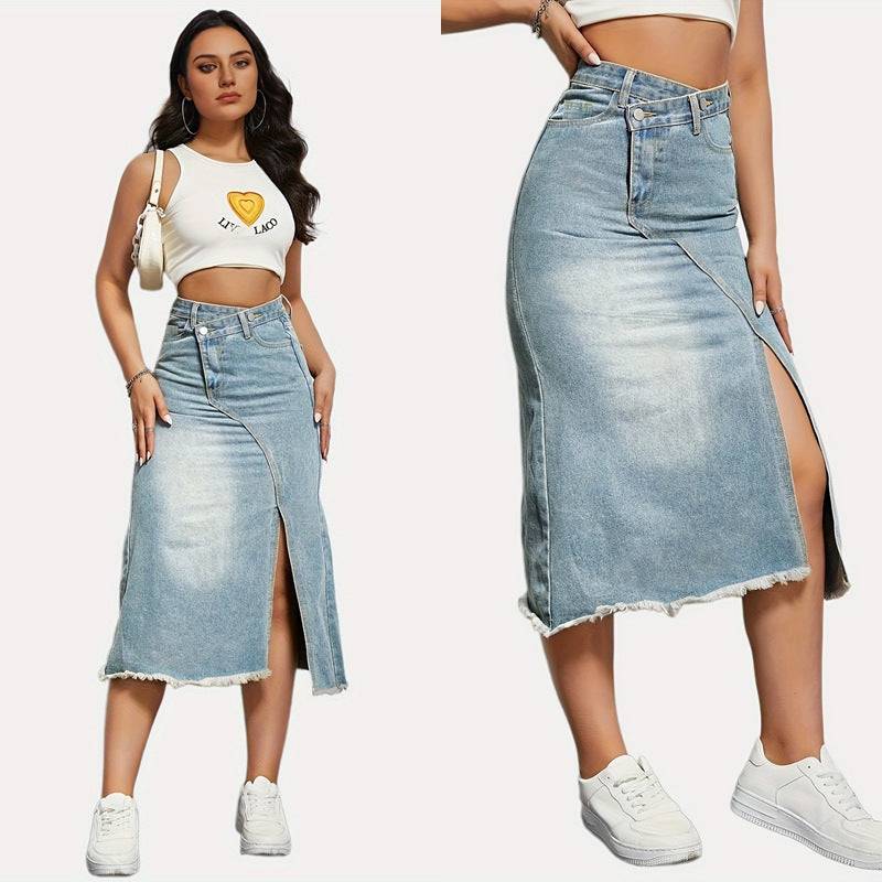 Fashionable Autumn Retro Denim Skirt with Side Slit Stitching    