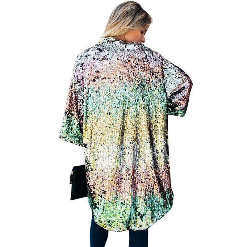 Sequined Print Polyester Trench Coat with Three-Quarter Sleeves for Women    