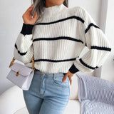 Striped Turtleneck Knitted Sweater with Lantern Sleeves for Women's Casual Autumn/Winter Wear    