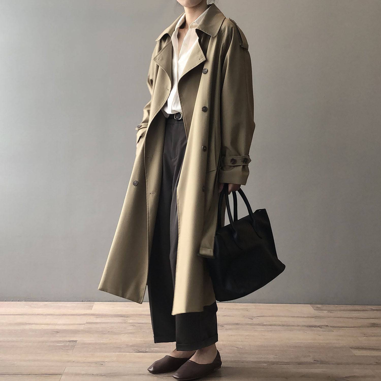 Long Trench Coat for Women Autumn Korean Elegant Loose Waist Tight Slimming Casual Coat for Women    