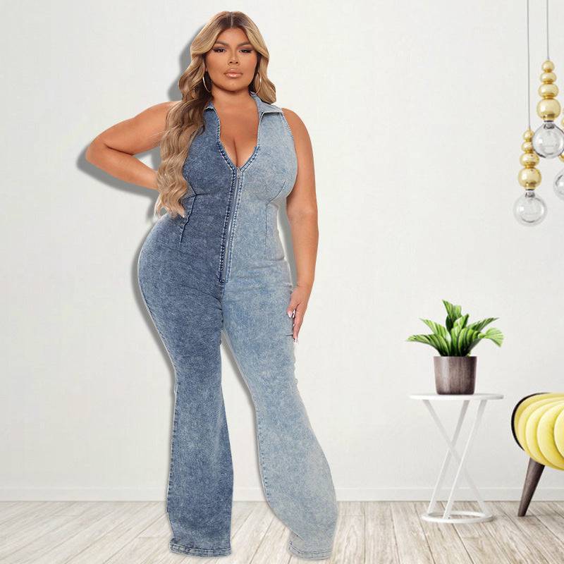 Sexy Denim Jumpsuit for Plus Size Women - Autumn Color Matching    