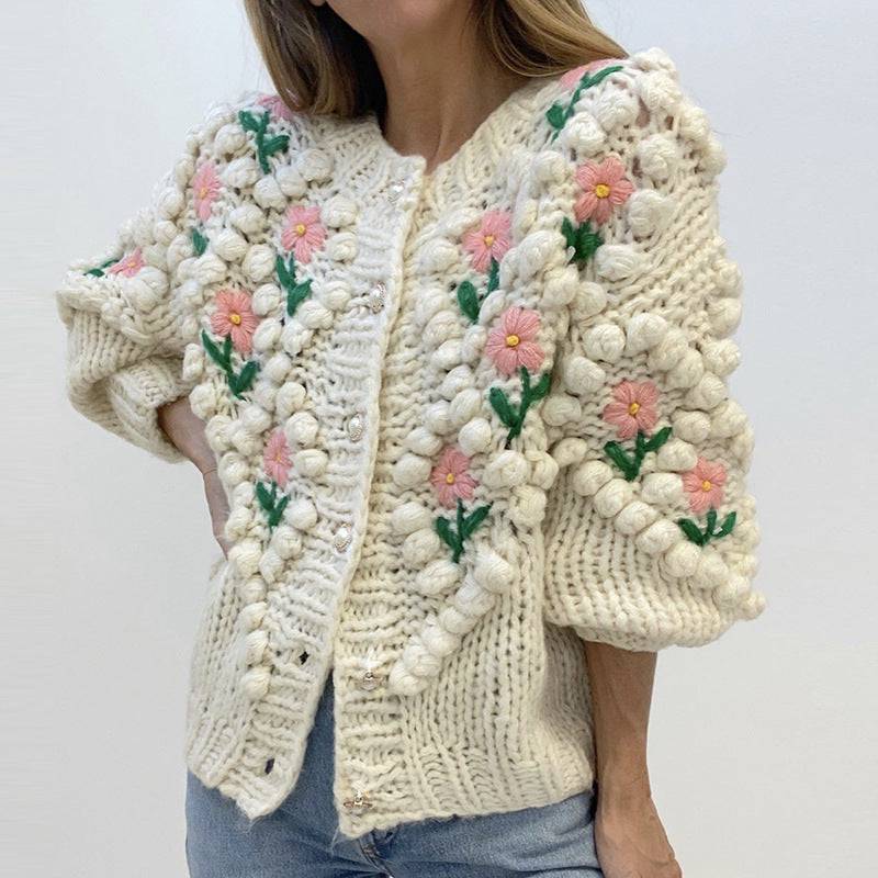 Floral Embroidered Handmade Sweater Cardigan Cozy Coat    