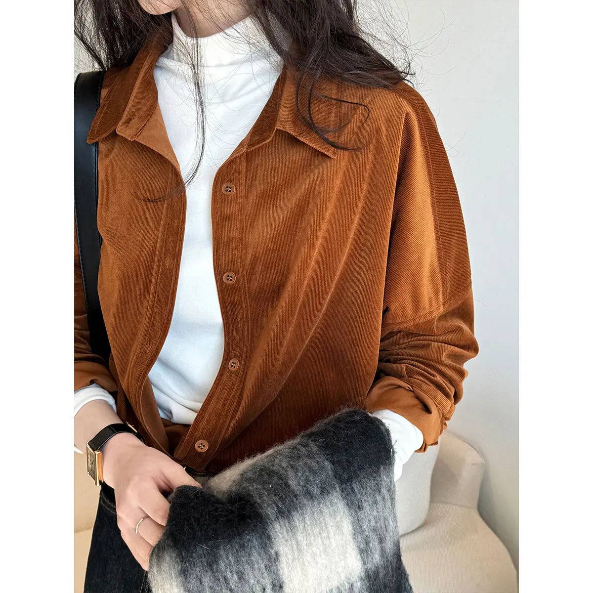 Japanese Minimalist Thickened Sanded Fabric Corduroy Shirt Women Fall Winter Inner Wear Bottoming Bandage Dress Shirt    