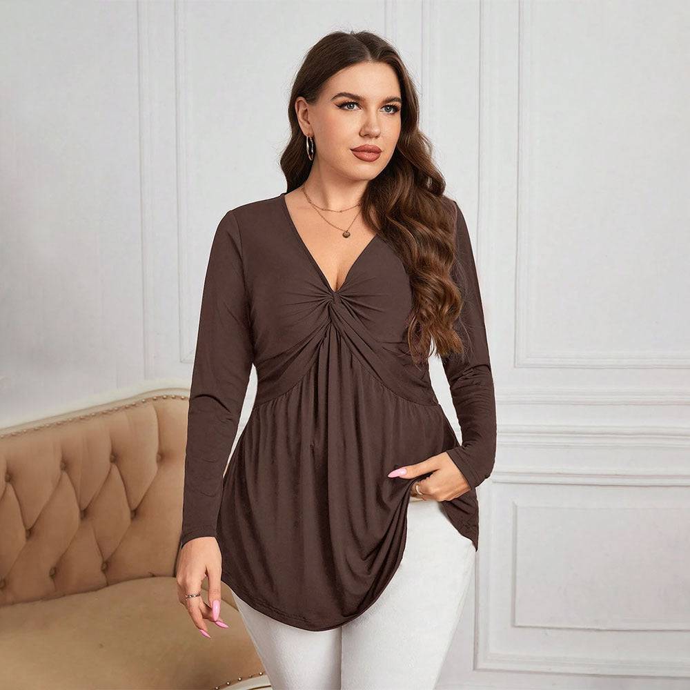 Elegant V-Neck Waist-Controlled Knitted Top for Plus Size Women    