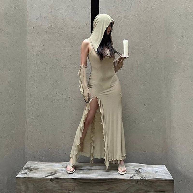 Knitted Design Hooded Split Ruffled Dress Summer Women Sexy Maxi Dress for Women    