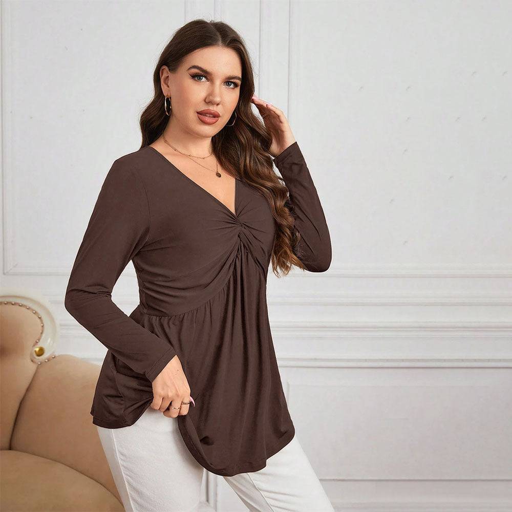 Elegant V-Neck Waist-Controlled Knitted Top for Plus Size Women    