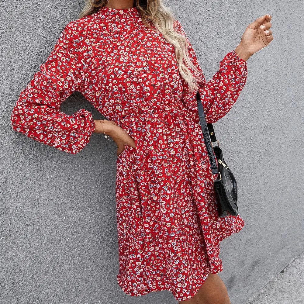 Elegant Floral A-Line Dress for Women with High Neck and Long Sleeves    