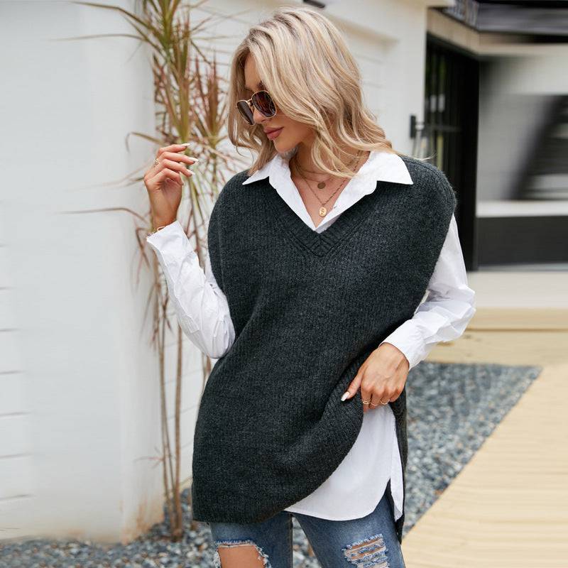 Knitted V-Neck Sleeveless Vest for Fall and Winter Casual Wear    