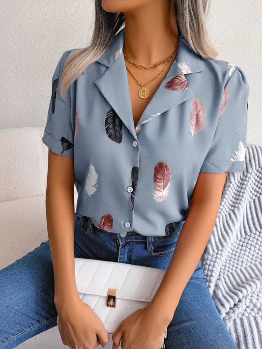 Feather Print Collared Women's Shirt with Short Sleeves    