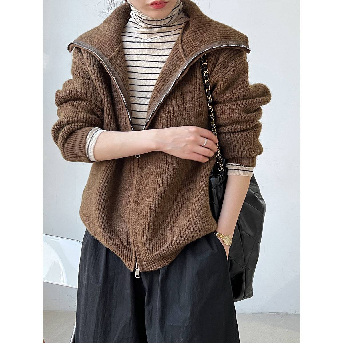 Lazy Double Zipper Knitted Sweater Cardigan Coat for Women    