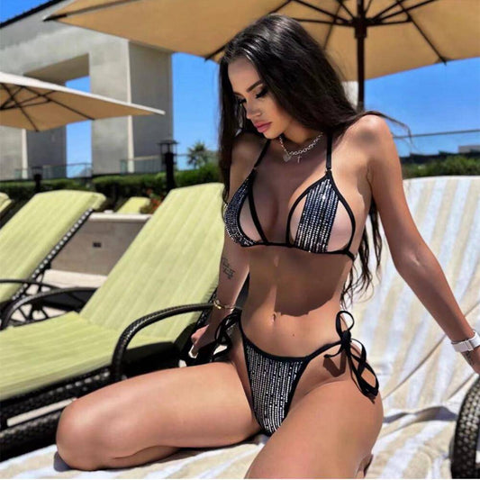 Shiny Sequined Lace-up Bikini Sexy Split Swimsuit    