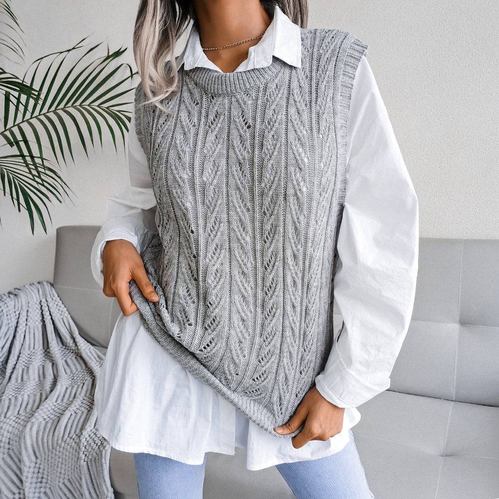 Stay Cozy and Stylish Hollow Out Leaves Knitted Vest Sweater for Women    