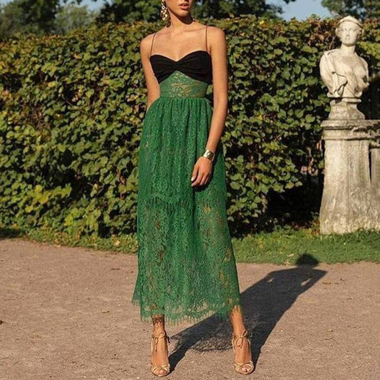 Green Lace Maxi Dress with Suspenders    