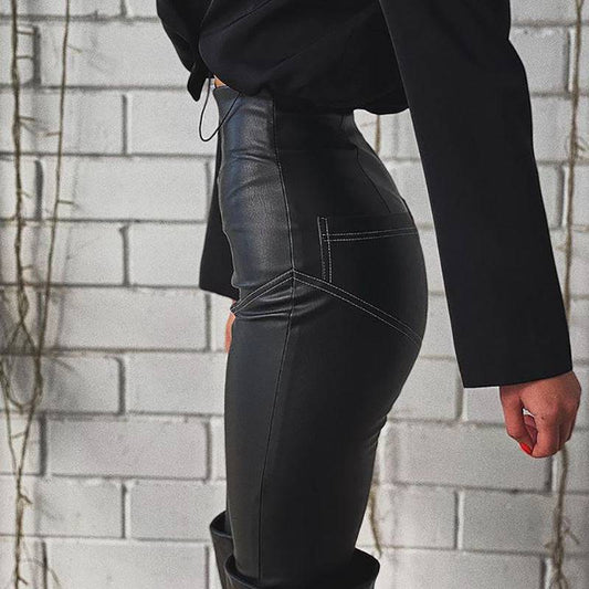 Stretch Faux Leather High-Waisted Leggings with Hip-Lifting Stitch Detail    