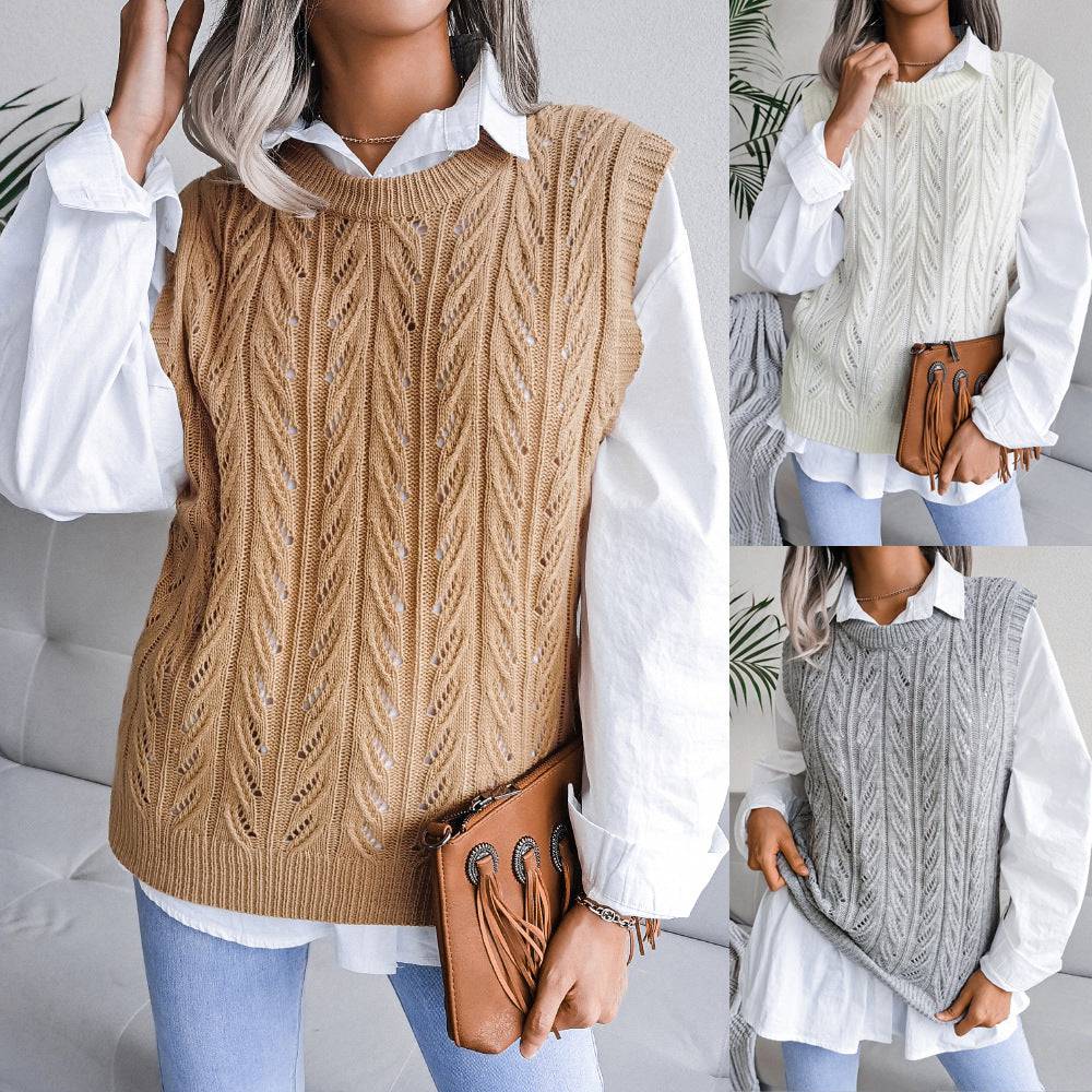 Stay Cozy and Stylish Hollow Out Leaves Knitted Vest Sweater for Women    