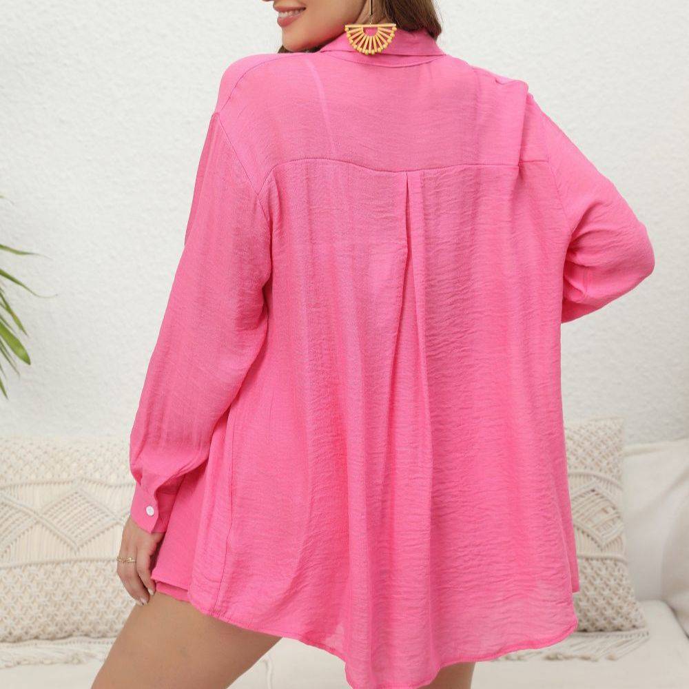 Vacation Ready Plus Size Women's Two-Piece Solid Color Shirt and Shorts Set    