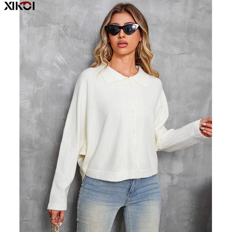 Fashionable Women's Polo Collar Batwing Sleeve Cardigan    