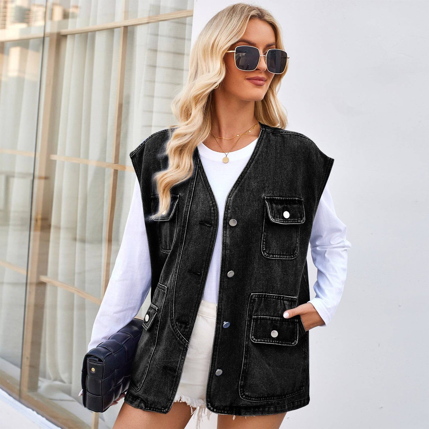 Stylish Women's Multi-Pocket Denim Waistcoat Vest    