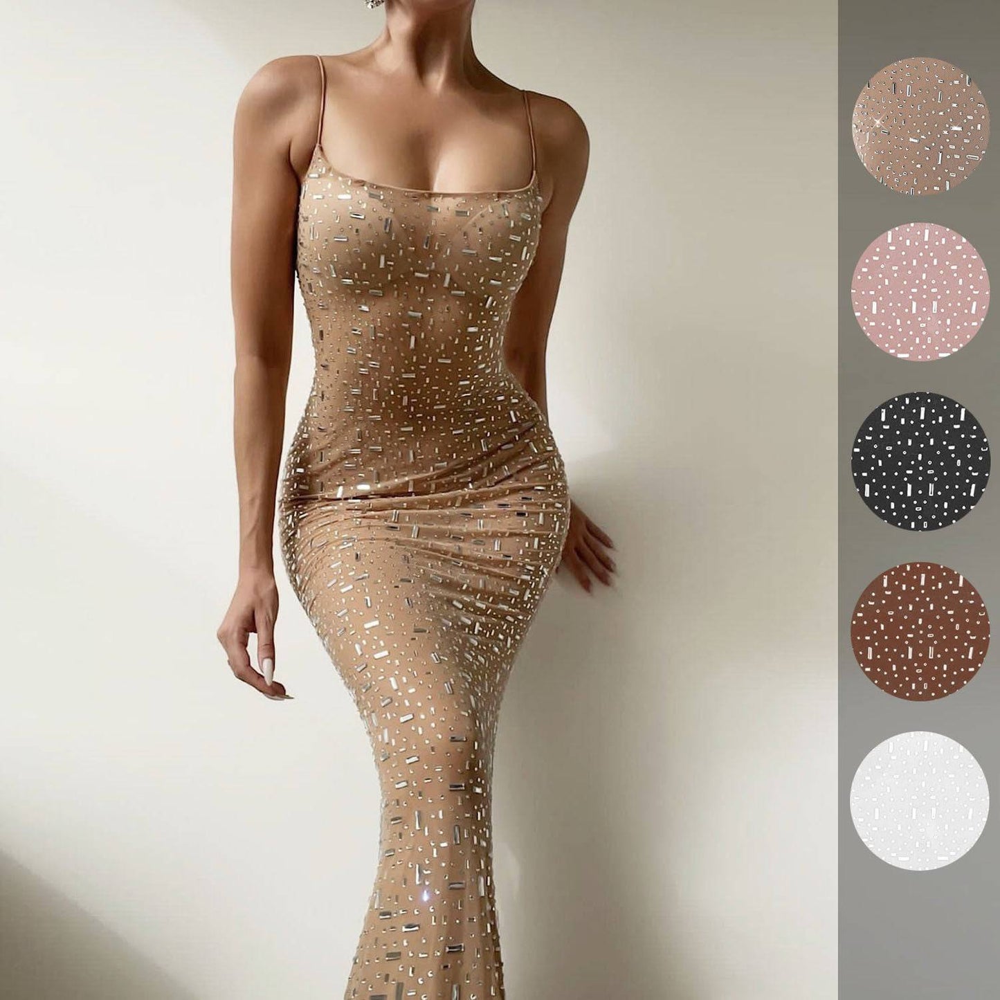 Light Diamond Sexy Sling Mermaid Dress with Rhinestone and Lace Detail    