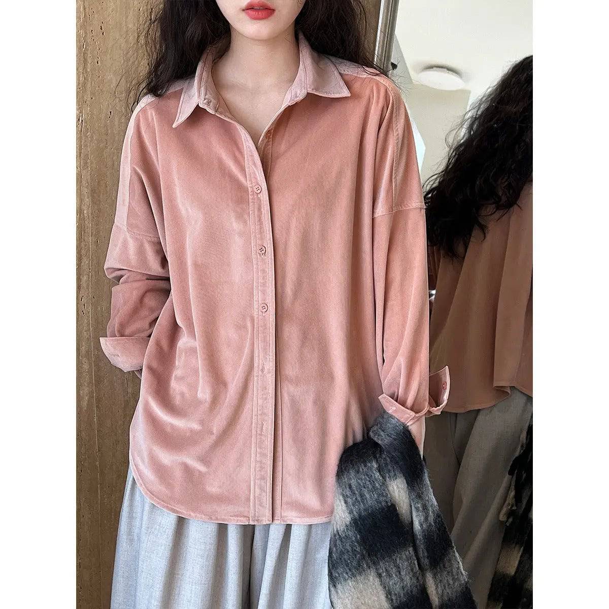 Japanese Minimalist Thickened Sanded Fabric Corduroy Shirt Women Fall Winter Inner Wear Bottoming Bandage Dress Shirt    