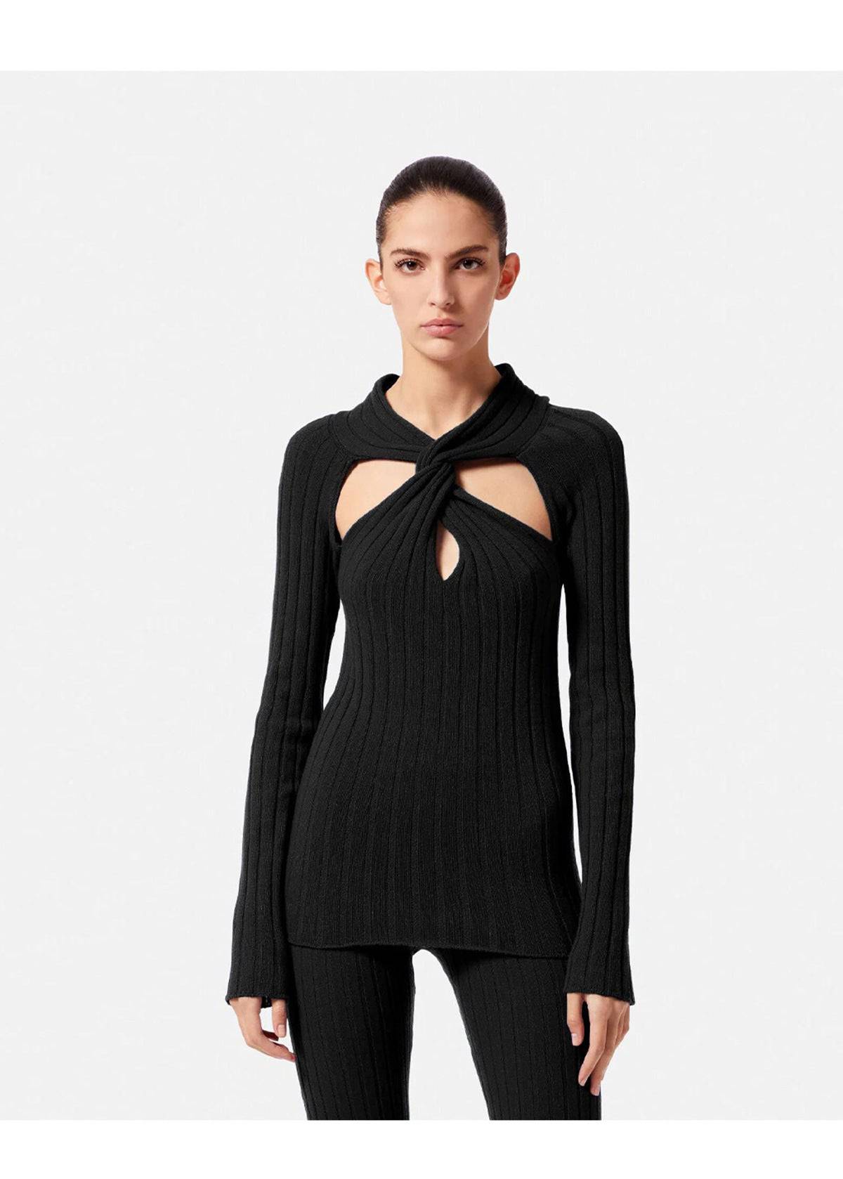 Sleek Black Shoulder-Baring Sweater with Cross Cut-out    