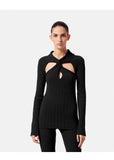 Sleek Black Shoulder-Baring Sweater with Cross Cut-out    