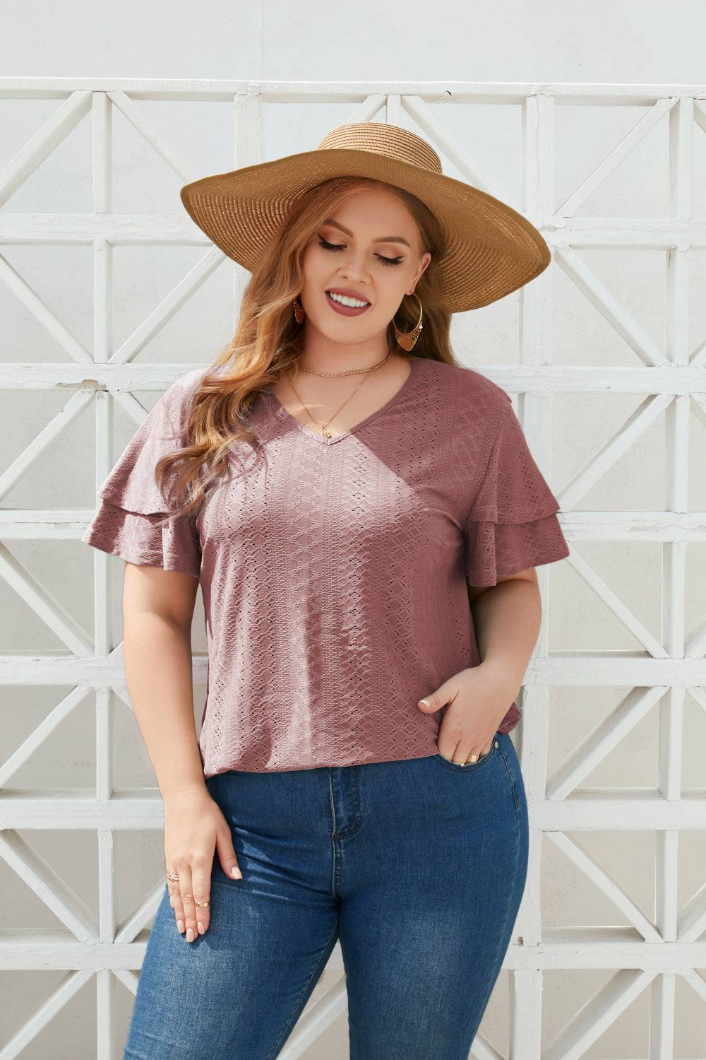 Summertime V-Neck Polyester T-Shirt for Plus Size Ladies    