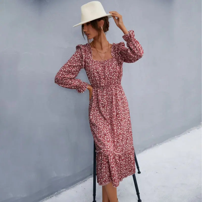 Spring Blossom Midi-Length Floral Dress with Square Collar    