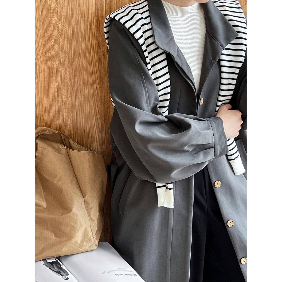 Korean Style Loose Fit Spring/Fall Trench Coat with Puff Sleeves and Waist Control    