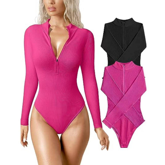 Long Sleeved Jumpsuit Sexy Ribbed One Piece Front Long Sleeve Zipper Top Jumpsuit    