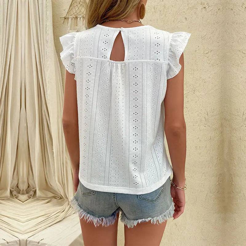 Elegant White Ruffled Flutter Sleeve Summer Blouse for Women    