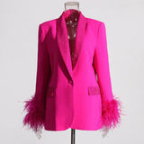 Sophisticated Autumn Blazer with Feather and Rhinestone Embellishments    