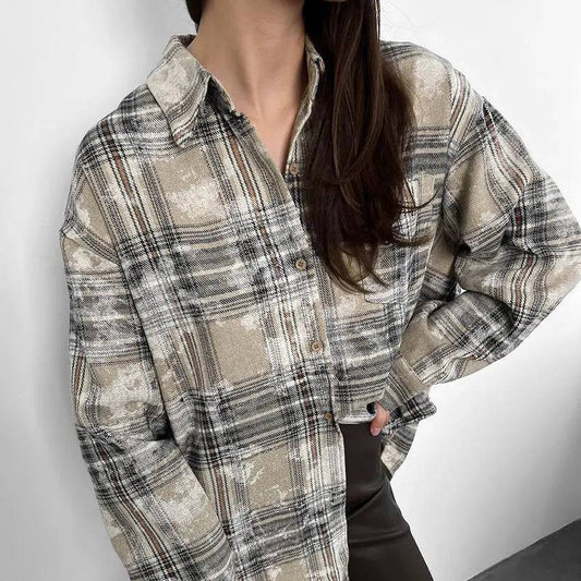 Spring Plaid Cotton Long Sleeve Shirt for Women    