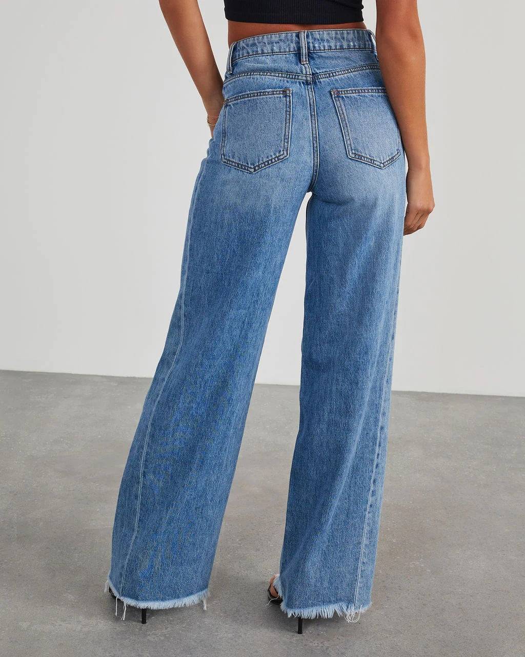 Loose Wide Leg Side Seam Stitching Frayed Hem Jeans Women    