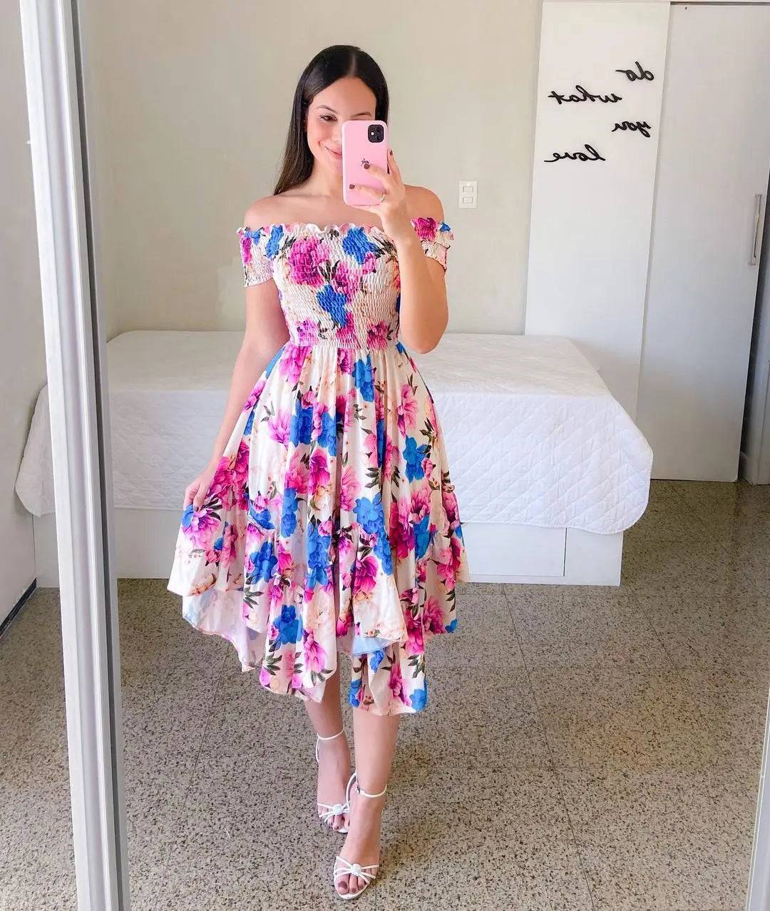 Floral Print Off-Shoulder A-Line Midi Dress    