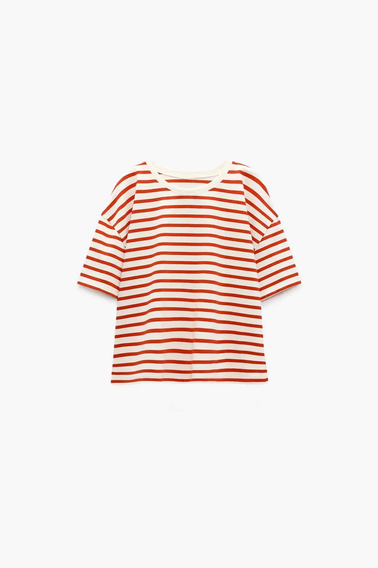 Red and White Striped Loose Fit Vacation T-shirt for Women    