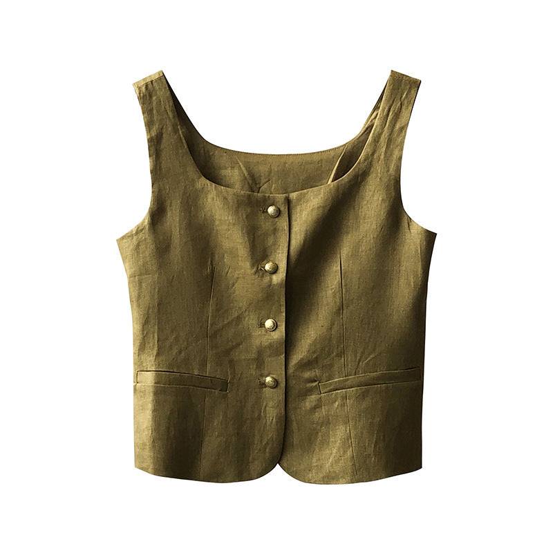 Retro Linen Women's Sleeveless Vest with Square Collar for Autumn    