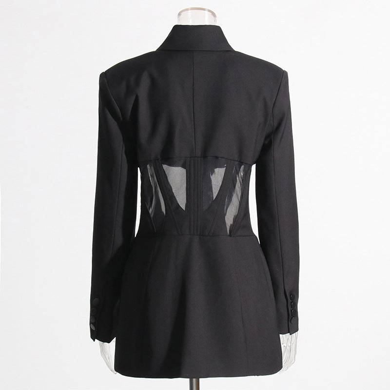 Mesh Stitching Waist Corset Blazer with See-Through Design    