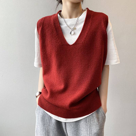 Knitted Vest Women Spring Preppy V neck Loose Idle Sleeveless Waistcoat    