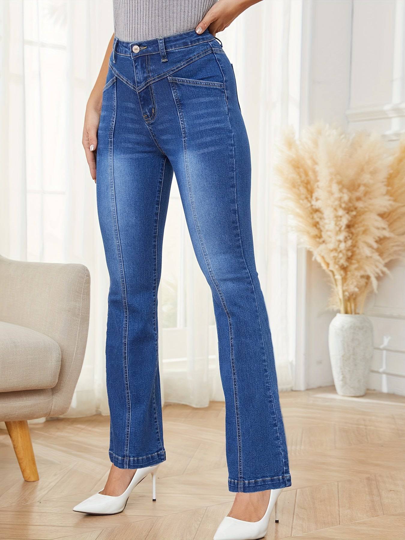 Jeans Women Splicing Office Straight Leg Pants Stretch Washed Jeans    