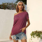 Solid Color Off-Shoulder Polyester T-shirt with Short Sleeves    