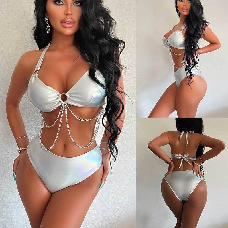 Shimmering Silver Halter Neck Backless Bikini with Metal Chain Detail    