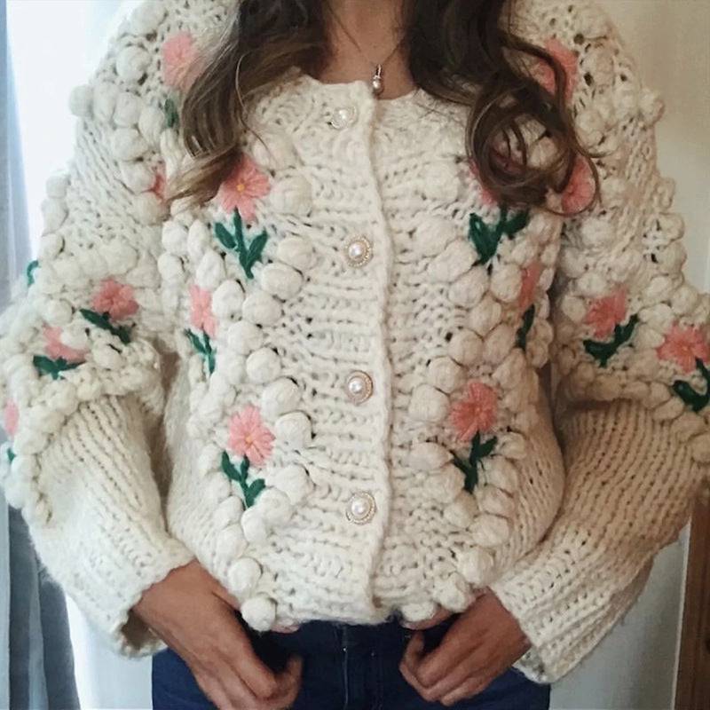 Floral Embroidered Handmade Sweater Cardigan Cozy Coat    