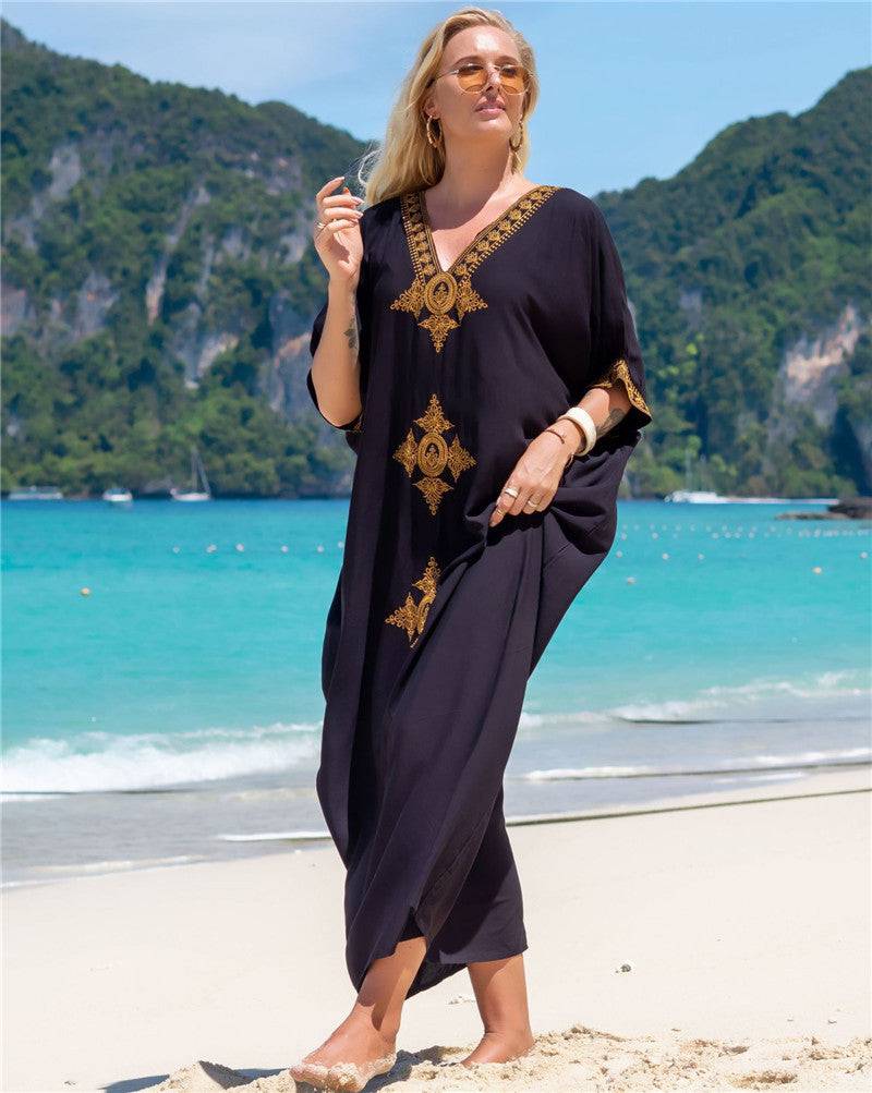 Glamorous Rayon Gold Thread Embroidery Beach Cover Up    